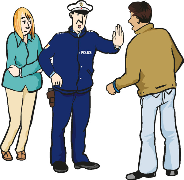 Illustration: Eine Frau wird von der Polizei vor ihrem Mann geschützt